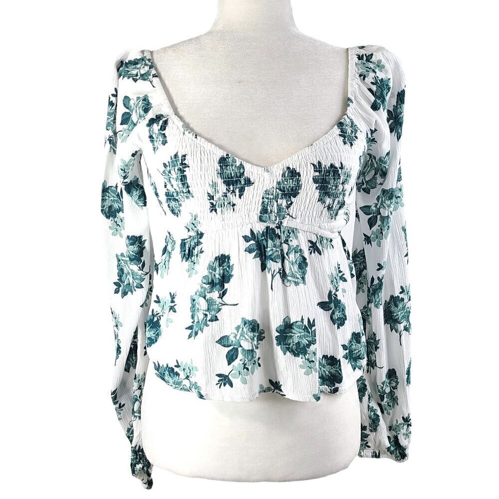 NWT Hollister White Green Floral Smocked Long Balloon Sleeve Cropped Top